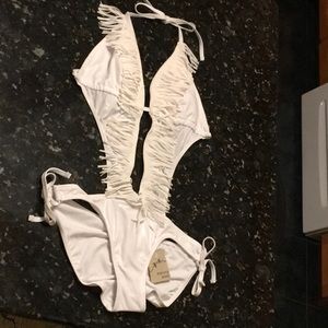 Marina West Fringed White Shimmer bathing suit